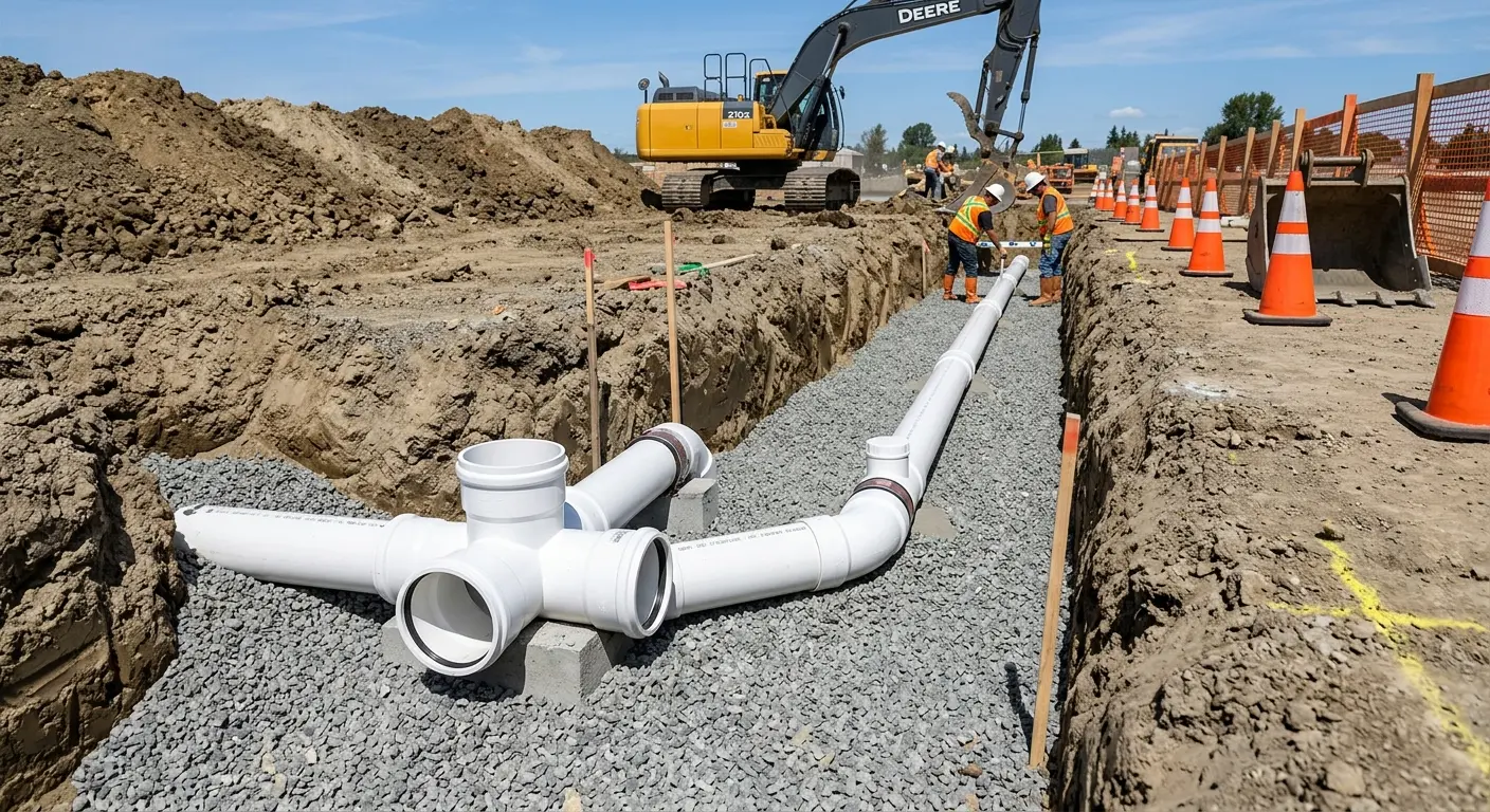 New PVC sewer pipe installation in open trench for Commercial Drain Cleaning in Helena
