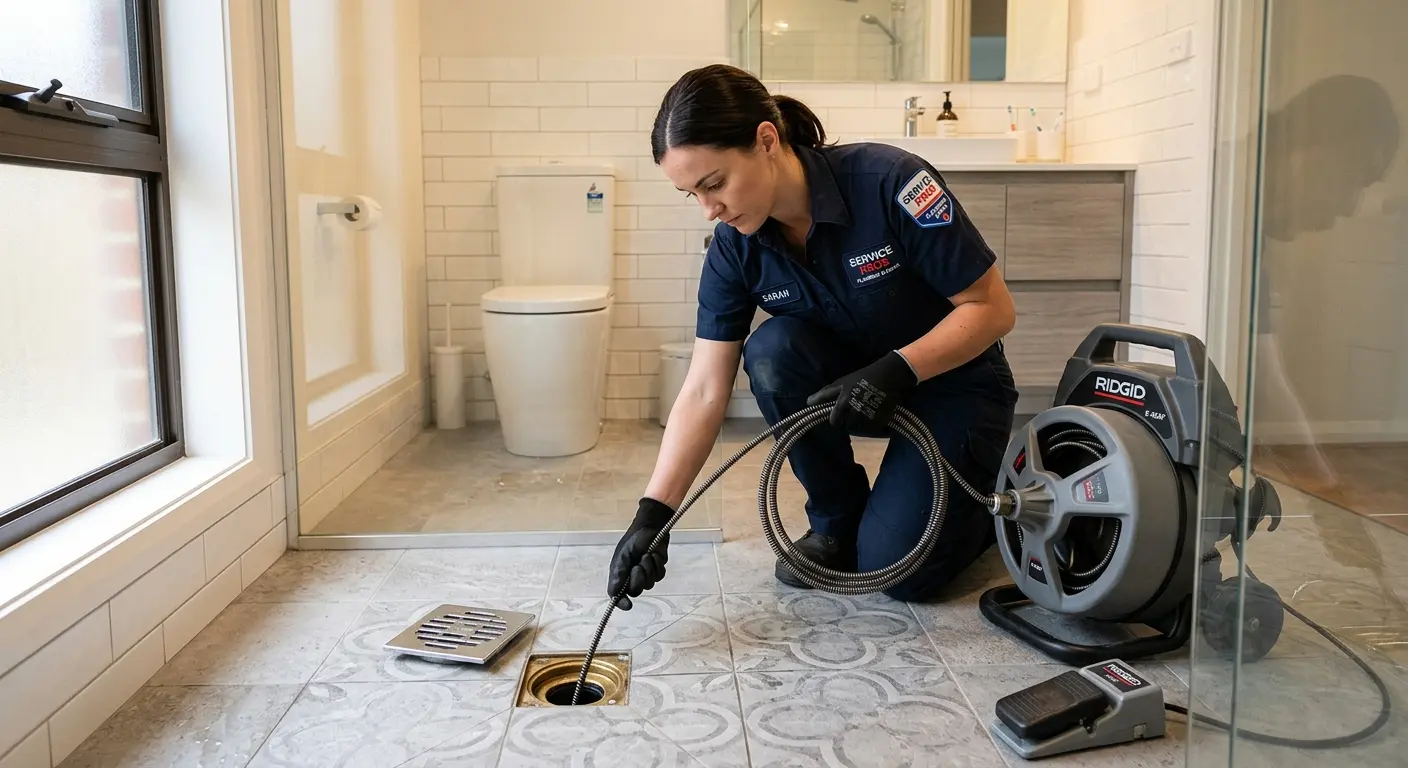 Technician clearing a bathroom floor drain for Drain Cleaning in Helena